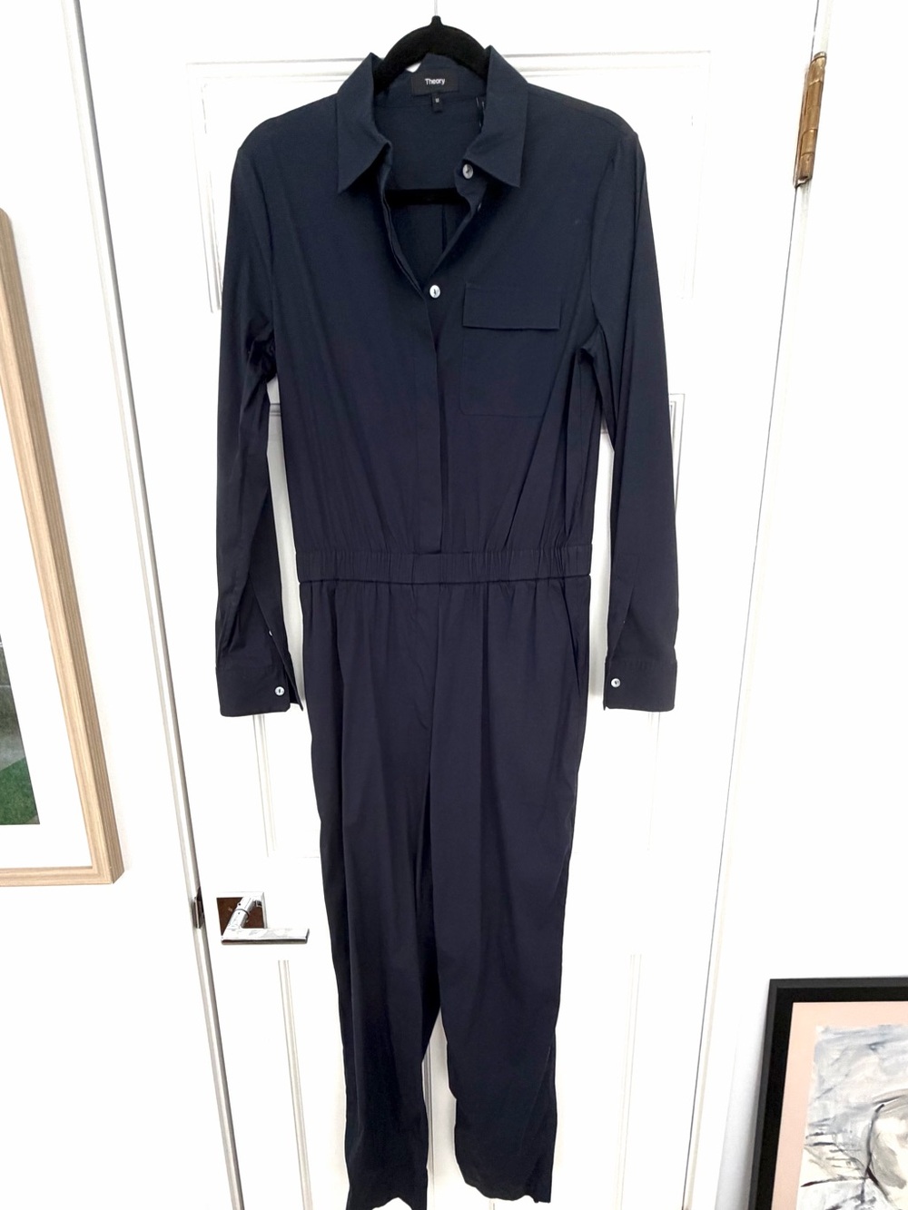 Theory | Peak Lapel Chino Wash Shirt Cotton Blend Jumpsuit | Size M | Navy - Picture 3 of 12